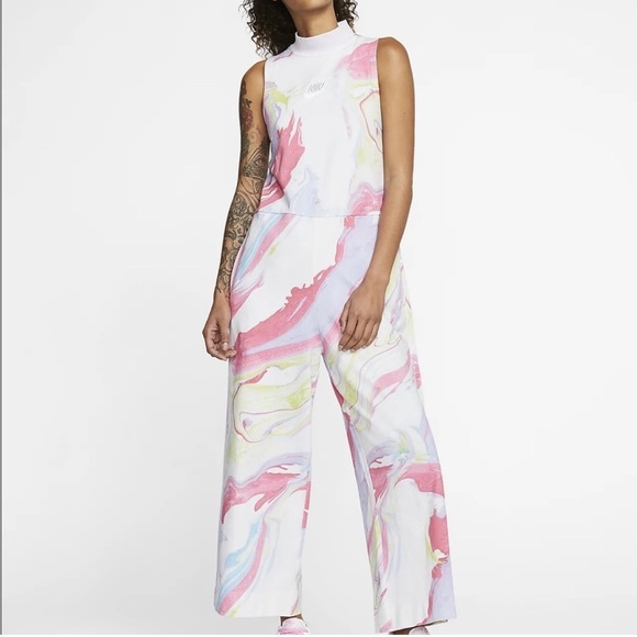 Nike Jumpsuit Pastel Watercolors Neon Artsy Fleece Mock Neck Sleeveless Pink - Picture 2 of 9